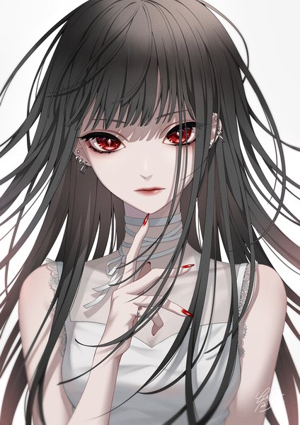 Anime picture 919x1300 with original ca yu single long hair tall image looking at viewer fringe black hair simple background red eyes signed upper body blunt bangs nail polish fingernails piercing ear piercing long fingernails makeup red nail polish