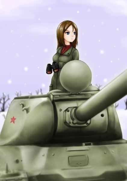 Anime picture 845x1200 with girls und panzer nonna (girls und panzer) naoki noritaka single long hair tall image blue eyes brown hair looking away sky cloud (clouds) snowing winter snow bare tree girl uniform weapon plant (plants) school uniform