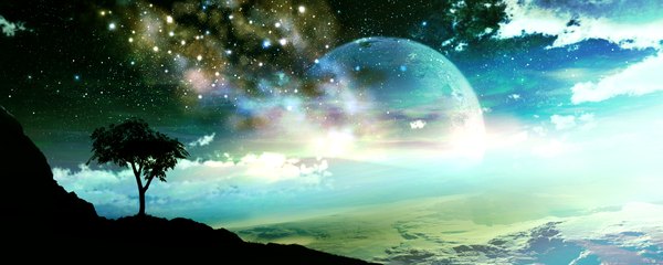 Anime picture 2000x800 with original y-k highres wide image sky cloud (clouds) no people landscape fantasy scenic fog plant (plants) tree (trees) star (stars) planet