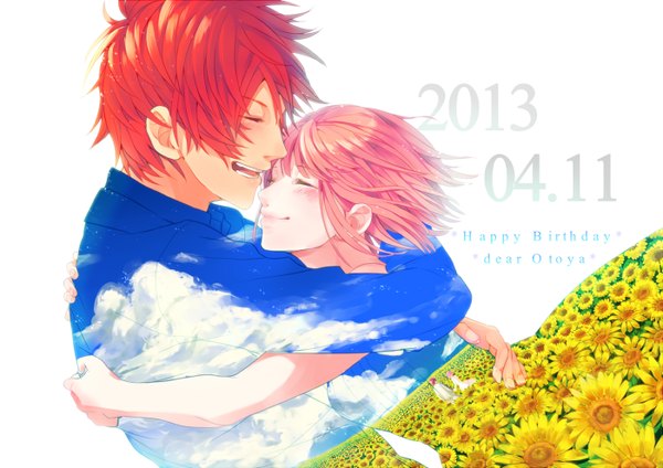 Anime picture 1400x990 with uta no prince-sama a-1 pictures nanami haruka (uta no prince-sama) ittoki otoya chigasaki blush short hair open mouth smile pink hair sky cloud (clouds) red hair eyes closed wind inscription teeth couple hug happy