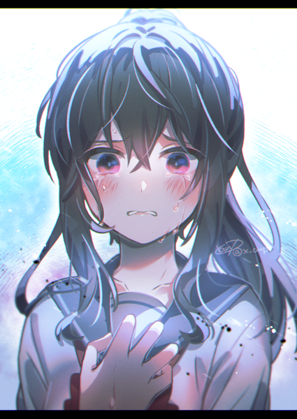 Anime-Bild 638x900 mit yandere simulator yandere-chan aicedrop single long hair tall image looking at viewer blush fringe black hair hair between eyes signed payot upper body ponytail pink eyes sweat twitter username tears hand on chest