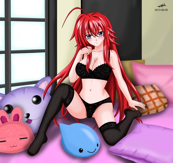 Anime picture 1400x1319 with highschool dxd rias gremory tagme (artist) single long hair looking at viewer blush breasts blue eyes light erotic large breasts sitting bare shoulders ahoge red hair bare belly underwear only girl thighhighs navel