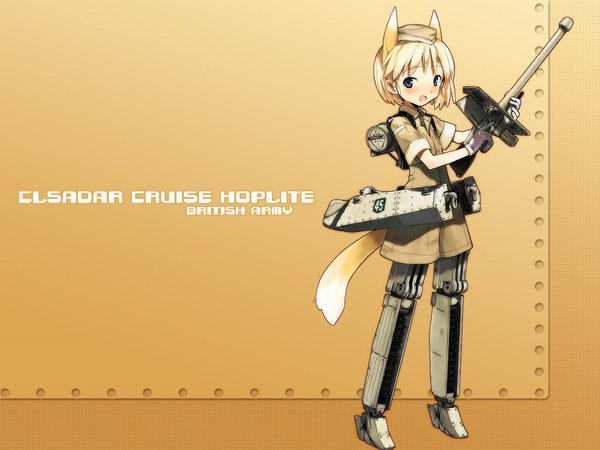 Anime picture 1024x768 with konami mecha musume shimada fumikane animal ears tail wallpaper dog ears dog tail mecha musume uniform ground vehicle tank