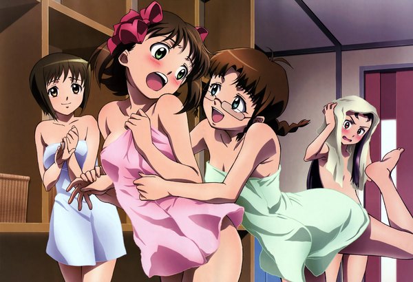 Anime picture 4908x3359 with idolmaster megami magazine amami haruka minase iori hagiwara yukiho akizuki ritsuko tagme (artist) highres light erotic brown hair multiple girls absurdres official art group naked towel girl 4 girls towel