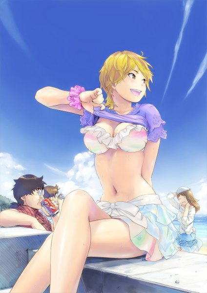 Anime picture 1030x1457 with original carina (xiaowoo) tall image blush short hair breasts open mouth light erotic blonde hair brown hair large breasts sitting multiple girls looking away sky cleavage cloud (clouds) eyes closed arm support multiple boys