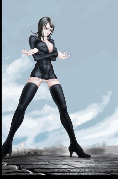 Anime picture 1378x2087 with one piece toei animation nico robin bitter sweet (artist) single long hair tall image breasts light erotic black hair red eyes large breasts crossed arms girl thigh boots suit
