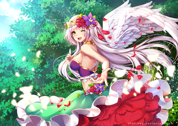 Anime picture 1698x1200 with original riiya (mabong1989) single long hair looking at viewer blush fringe breasts open mouth smile signed yellow eyes sky cloud (clouds) outdoors white hair one eye closed hair flower wink teeth