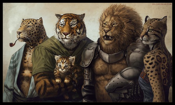 Anime picture 1240x748 with original randis (artist) simple background wide image japanese clothes realistic smoking family girl dress boy animal kimono armor child (children) pipe tiger lion furry leopard