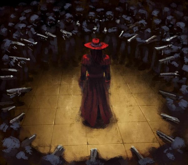 Anime picture 1050x924 with hellsing alucard (hellsing) tagme (artist) long hair black hair from behind back group vampire surrounded gloves weapon hat white gloves gun cloak tiles people gas mask