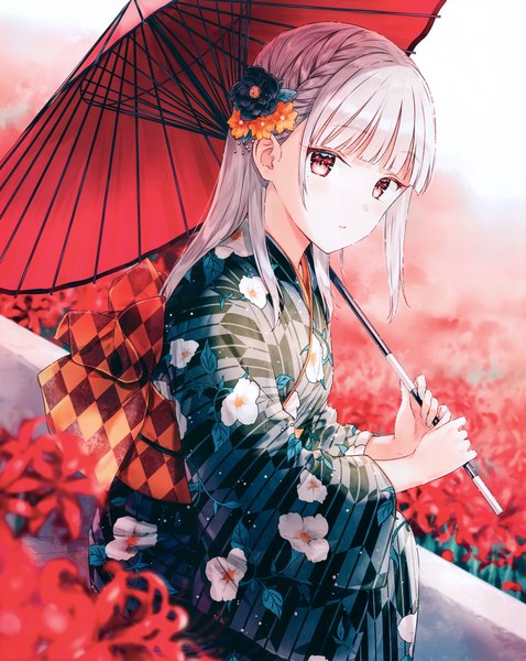 Anime picture 3588x4500 with melonbooks hiten (hitenkei) single long hair tall image looking at viewer blush fringe highres red eyes holding absurdres silver hair blunt bangs braid (braids) traditional clothes parted lips japanese clothes hair flower scan