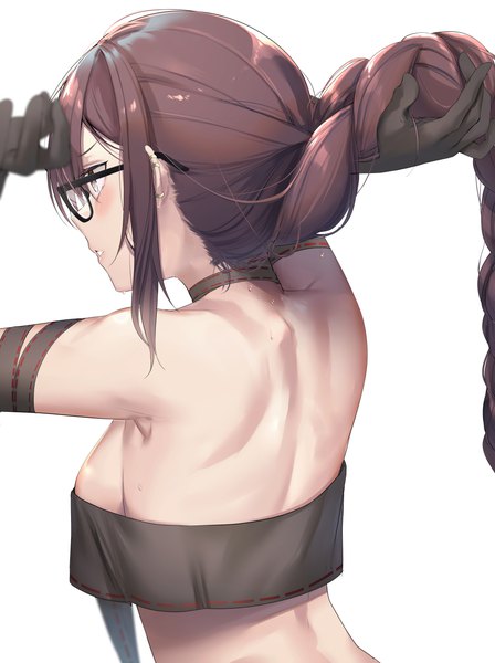 Anime picture 2894x3877 with fate (series) fate/grand order yu mei-ren (fate) fou (ssqseeker) single long hair tall image blush fringe highres breasts light erotic simple background hair between eyes brown hair white background bare shoulders brown eyes payot looking away