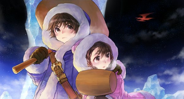 Anime picture 1104x600 with ice climber nana (ice climber) popo (ice climber) hakou (barasensou) blush short hair brown hair wide image brown eyes night night sky hug winter girl boy weapon dragon winter clothes ice