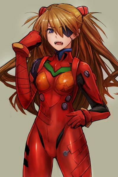 Anime picture 1065x1600 with neon genesis evangelion rebuild of evangelion evangelion: 3.0 you can (not) redo gainax soryu asuka langley shikinami asuka langley taishi (picchiridou) single long hair tall image open mouth blue eyes light erotic brown hair standing girl eyepatch pilot suit