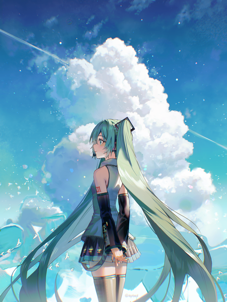 Anime picture 1936x2576 with vocaloid hatsune miku ay6as single tall image highres standing twintails green eyes looking away sky cloud (clouds) outdoors very long hair profile green hair from behind zettai ryouiki turning head hands behind back