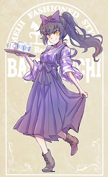 Anime picture 1600x2618 with rwby rooster teeth bashamichi blake belladonna iesupa single long hair tall image black hair smile standing yellow eyes ponytail traditional clothes japanese clothes text standing on one leg english lacing outline