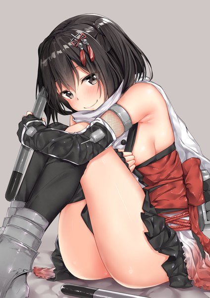 Anime picture 1637x2318 with kantai collection sendai light cruiser jack dempa single tall image looking at viewer blush fringe short hair breasts light erotic black hair simple background smile hair between eyes sitting twintails bare shoulders holding brown eyes