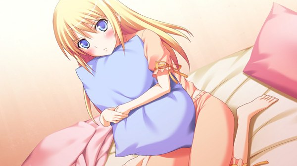 Anime picture 1024x576 with primary step long hair blush blue eyes blonde hair wide image game cg girl pillow pajamas