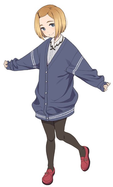 Anime picture 500x823 with original mattaku mousuke single tall image looking at viewer short hair blue eyes simple background blonde hair smile white background full body spread arms girl pantyhose black pantyhose cardigan