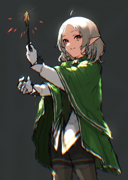 Anime picture 731x1024 with mushoku tensei studio bind sylphiette (mushoku tensei) minamiinu single tall image looking at viewer short hair simple background smile standing holding brown eyes payot silver hair ahoge pointy ears grey background magic elf