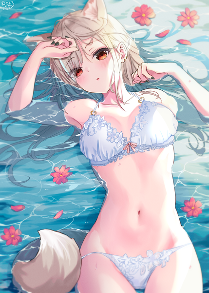 Anime picture 1500x2098 with original akino ell single long hair tall image looking at viewer blush fringe breasts open mouth light erotic blonde hair red eyes large breasts animal ears payot outdoors tail lying nail polish