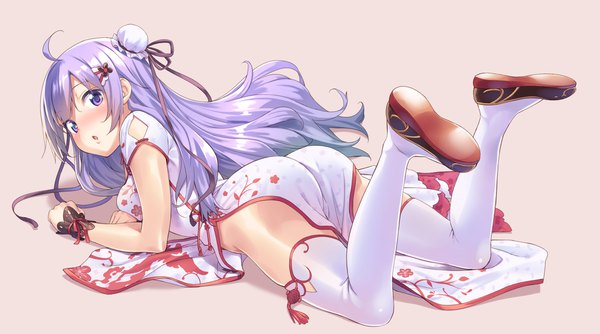 Anime picture 2155x1200 with azur lane unicorn (azur lane) unicorn (spring's present) (azur lane) tenkuu nozora single long hair looking at viewer blush highres breasts open mouth light erotic simple background wide image purple eyes purple hair full body ahoge ass lying