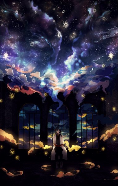 Anime picture 1909x3000 with original canarinu kmes single long hair tall image fringe highres smile sitting holding blue hair cloud (clouds) full body eyes closed hair flower night night sky angel wings white wings angel