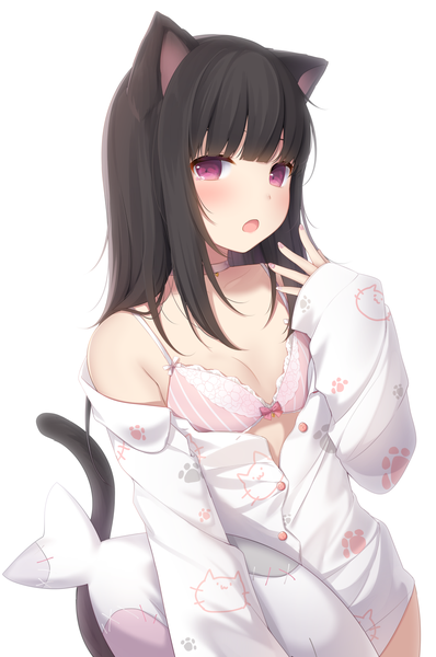 Anime picture 1000x1506 with original nachi single long hair tall image looking at viewer blush fringe breasts open mouth light erotic black hair simple background standing purple eyes animal ears payot cleavage tail blunt bangs