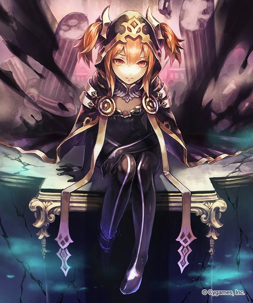 Anime picture 667x800 with original ma yo ko single tall image looking at viewer fringe short hair red eyes sitting twintails bent knee (knees) horn (horns) orange hair hand on hip ruins girl gloves elbow gloves cape bodysuit