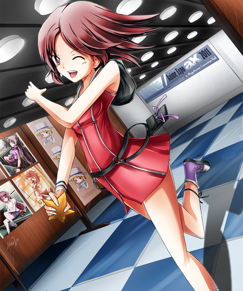 Anime picture 1000x1200 with kingdom hearts original square enix kairi (kingdom hearts) fujiwara mayu mystic (mysticswordsman21) single tall image short hair open mouth smile pink hair one eye closed pink eyes wink checkered floor cosplay girl dress star (stars)