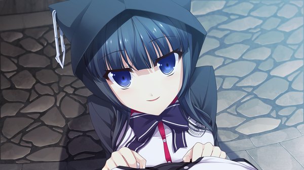 Anime picture 1280x720 with chuning lover kurosu kanade koso long hair blue eyes black hair wide image game cg girl uniform school uniform hood cape