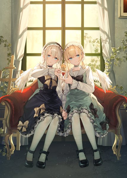Anime picture 893x1253 with original ciel (toosaka asagi) noele (toosaka asagi) toosaka asagi long hair tall image looking at viewer fringe open mouth blue eyes blonde hair hair between eyes sitting multiple girls silver hair full body indoors long sleeves frilled dress white wings