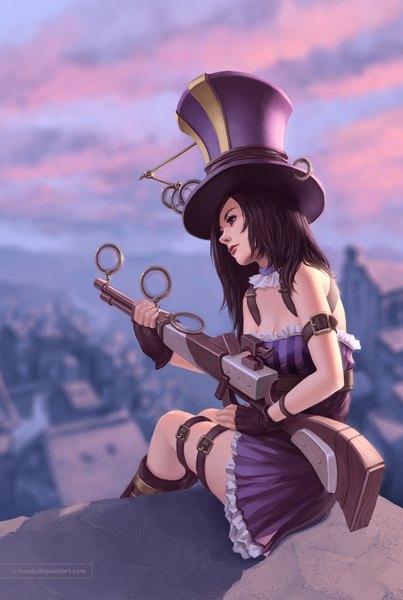 Anime picture 1172x1745 with league of legends caitlyn (league of legends) tsuaii single long hair tall image black hair sitting purple eyes black eyes realistic steam punk girl dress weapon hat fingerless gloves gun