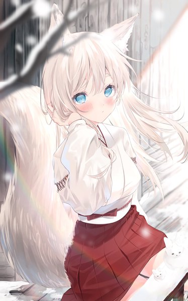 Anime picture 1278x2048 with original harui (hr x9 ) single long hair tall image looking at viewer blush fringe blue eyes sitting animal ears outdoors white hair tail traditional clothes japanese clothes animal tail arm up wind sunlight