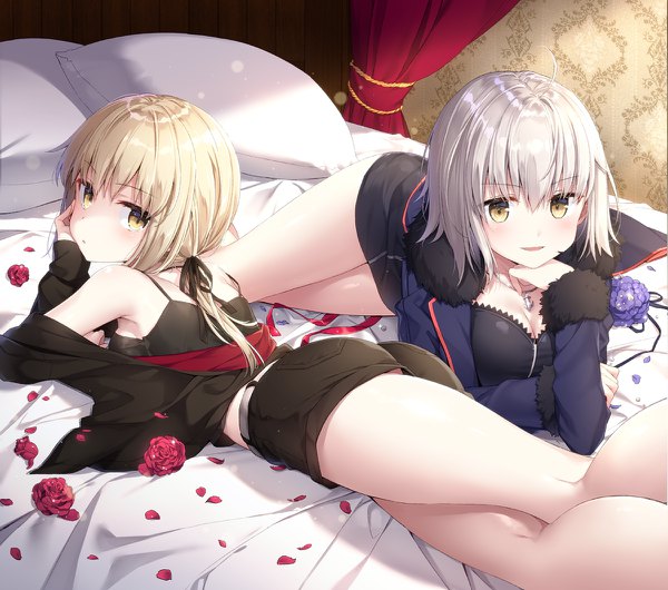 Anime picture 1200x1060 with fate (series) fate/grand order fate/stay night fate/apocrypha artoria pendragon (all) jeanne d'arc (fate) (all) jeanne d'arc alter (fate) saber alter masuishi kinoto long hair looking at viewer short hair breasts light erotic blonde hair large breasts ahoge ass white hair lying