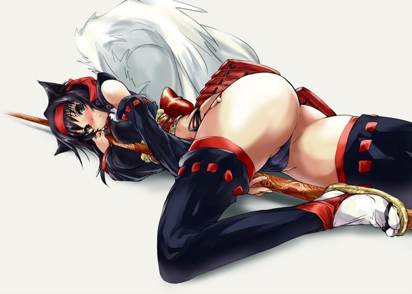 Anime picture 1600x1143 with martin (artist) single light erotic black hair white background animal ears ass black eyes cat ears girl thighhighs detached sleeves wings hairband