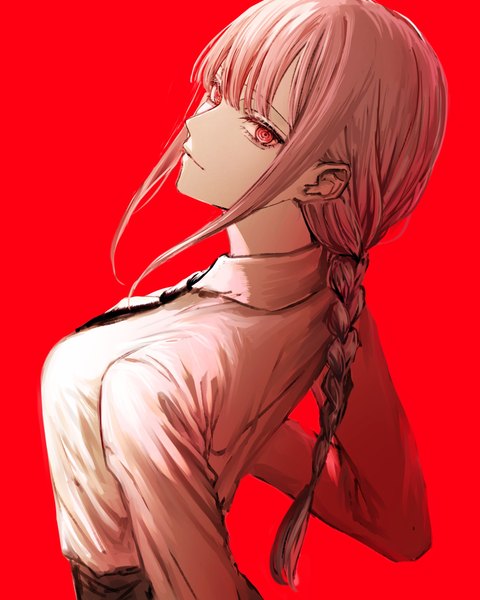 Anime picture 2000x2500 with chainsaw man mappa makima (chainsaw man) nonon 813 single long hair tall image fringe highres simple background payot pink hair upper body blunt bangs braid (braids) pink eyes single braid red background girl shirt