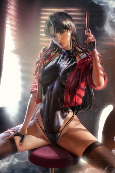 Anime picture 2331x3497 with neon genesis evangelion gainax katsuragi misato sakimichan single long hair tall image looking at viewer fringe highres breasts light erotic black hair large breasts sitting holding black eyes realistic off shoulder open jacket