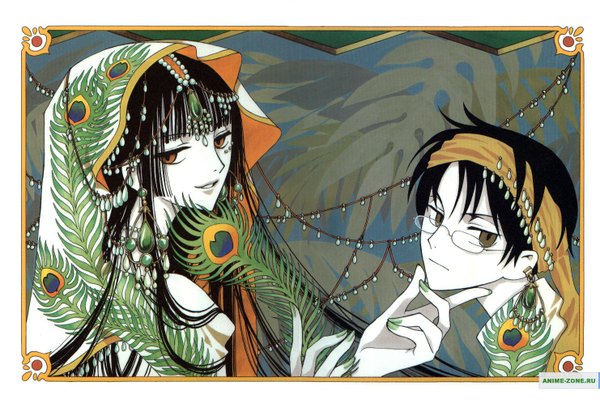 Anime picture 1481x996 with xxxholic clamp ichihara yuuko watanuki kimihiro orange eyes couple feather (feathers) peacock