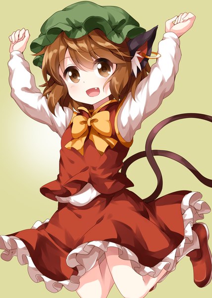 Anime picture 1000x1400 with touhou chen ruu (tksymkw) single tall image looking at viewer blush short hair open mouth simple background brown hair brown eyes animal ears tail :d animal tail cat ears arms up cat tail fang (fangs)