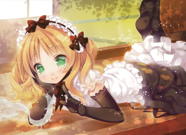 Anime picture 4144x3000 with kamisama no oshigoto mitsumomo mamu single blush highres short hair blonde hair smile green eyes absurdres scan girl dress gloves bow hair bow elbow gloves frills