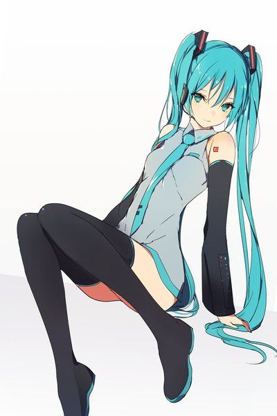 Anime picture 600x899 with vocaloid hatsune miku lpip single tall image looking at viewer fringe simple background white background sitting twintails full body bent knee (knees) very long hair aqua eyes aqua hair tattoo knees touching girl detached sleeves