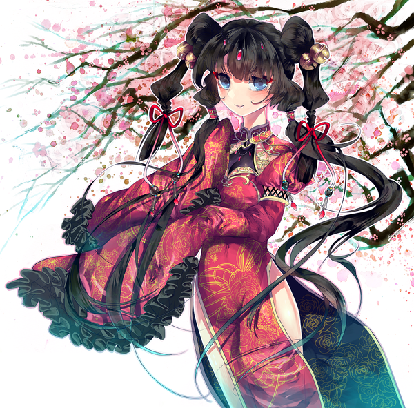Anime picture 1043x1030 with original hoshi (pixiv191895) long hair looking at viewer blush blue eyes black hair smile twintails traditional clothes light smile cherry blossoms girl hair ornament ribbon (ribbons) plant (plants) hair ribbon petals tree (trees) bell
