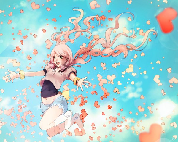 Anime picture 1600x1280 with original mdk (m-kuri) single long hair fringe breasts open mouth twintails looking away sky cloud (clouds) bent knee (knees) bare belly happy wavy hair spread arms jumping girl navel shorts