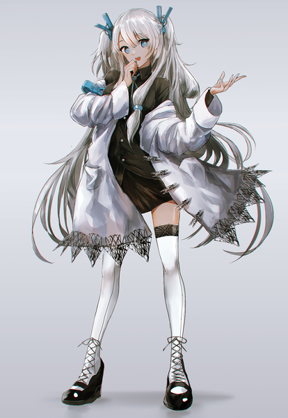 Anime picture 1607x2329 with original swav single long hair tall image looking at viewer fringe open mouth blue eyes simple background smile hair between eyes standing payot silver hair full body long sleeves head tilt :d off shoulder