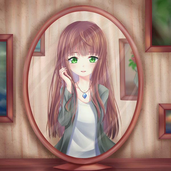 Anime picture 3000x3000 with original alterka single long hair looking at viewer blush fringe highres open mouth brown hair standing green eyes signed indoors blunt bangs open clothes pov female pov girl necklace