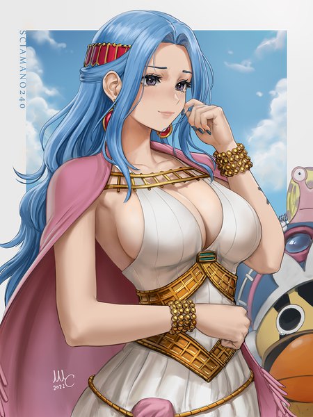 Anime picture 1050x1400 with one piece toei animation nefertari vivi carue den den mushi sciamano240 single long hair tall image blush fringe breasts light erotic large breasts signed blue hair looking away sky cleavage cloud (clouds)
