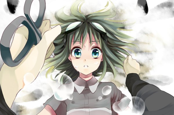 Anime picture 2074x1373 with vocaloid gumi kurabayashi highres short hair green eyes green hair tears girl glasses scissors
