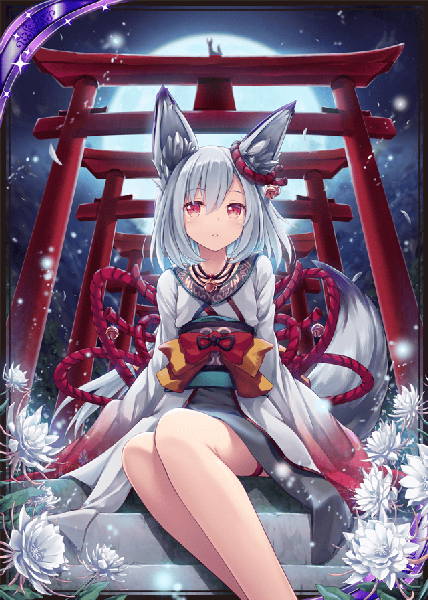 Anime-Bild 640x896 mit shinkai no valkyrie akkijin single tall image fringe short hair hair between eyes red eyes sitting animal ears looking away silver hair tail long sleeves traditional clothes japanese clothes animal tail night bare legs night sky