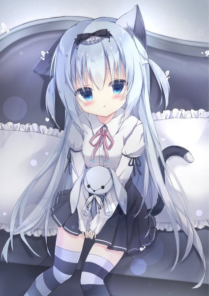 Anime picture 2508x3541 with original saeki sora single long hair tall image looking at viewer fringe highres open mouth blue eyes sitting holding animal ears indoors tail long sleeves animal tail pleated skirt cat ears :o