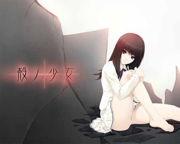 Anime picture 1280x1024 with kara no shoujo innocent grey kuchiki touko coffee-kizoku single long hair looking at viewer blue eyes light erotic brown hair sitting no shoes abstract girl skirt underwear panties bow miniskirt shirt